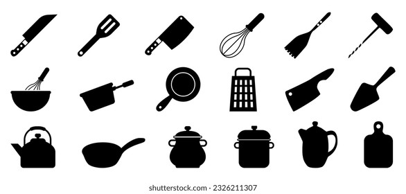 Set of black kitchen tools and utensils icons. Black kitchen tools and utensils silhouette