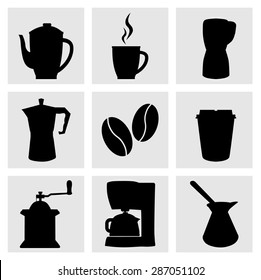 Set of black kitchenware icons, coffee icons. Kitchen tool silhouette icons vector, coffee accessories, coffee maker, coffee grinder, cup, coffee pot, coffee beans, pot, turk.