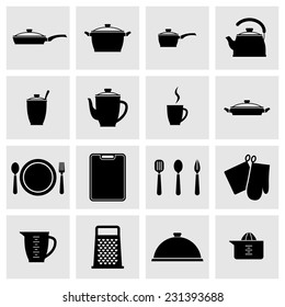 Set of black kitchenware icons. Kitchen tool silhouette icons vector.