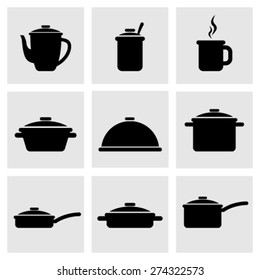 Set of black kitchenware icons. Kitchen tool silhouette icons vector.