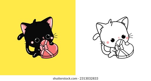 Set Black Kitten Coloring Page and Colored Illustration. Clip Art Kawaii Cat. Vector Illustration of a Kawaii Animal for Coloring Pages, Prints for Clothes, Stickers, Baby Shower.
