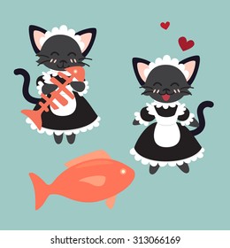 Set of black kittens eating fish.