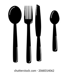 Set of black knife, fork, spoon, flat design.