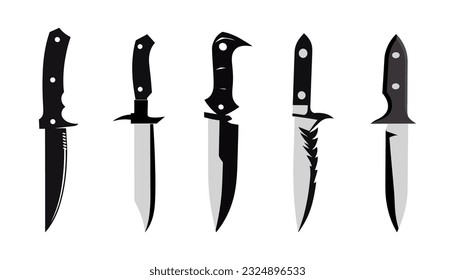 Ajuste el icono de cuchillo negro en un estilo plano aislado en fondo blanco. Icono de cuchillo de caza. Ilustración del vector