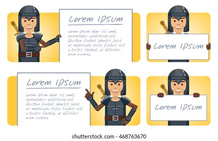 Set of black knight characters posing with different banners. Cheerful knight holding placard, paper, poster. Teach, advertise, promote. Flat style vector illustration