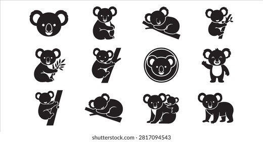 Set of black koala silhouettes, cute Australian marsupial vector icons with eucalyptus branches and active poses.