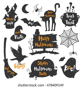 Set of black labels, badges and lettering for a happy Halloween. Vector illustration for a party in a modern style.