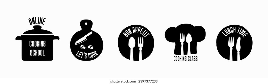 Set of black labels for cooking classes, courses, schools, cafe and restaurant. Vector kitchenware silhouettes