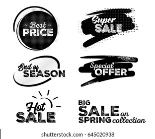 Set of Black Labels with Halftone Patterns. Collection of Hand Drawn Lettering with Fonts Combination. Best Price, Super Sale, End of Season, Special Offer, Hot Sale, Spring Sale.