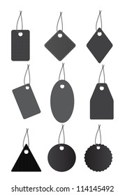 Set of black labels hanging on strings. Vector image.