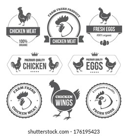 Set of black labels and stamps of chicken meat and eggs in vector