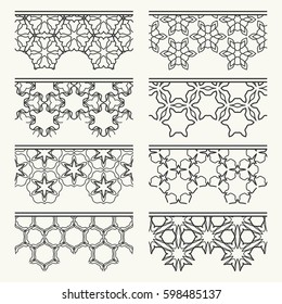 Set of black lace seamless borders, line patterns. Tribal ethnic arabic, indian, turkish decorative ornaments, fashion collection. Isolated elements for headline, banners, wedding invitation cards