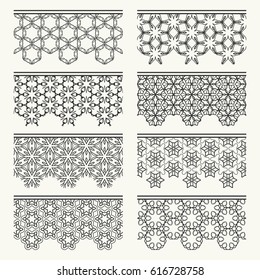 Set of black lace seamless borders, line patterns. Tribal ethnic arabic, indian decorative ornaments, fashion collection. Isolated design elements for headline, banners, wedding invitation cards