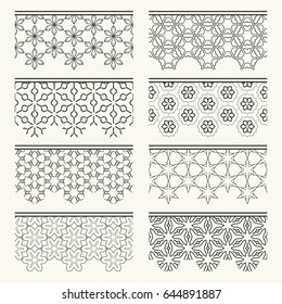 Set of black lace seamless borders, line patterns. Tribal ethnic arabic, indian, turkish decorative ornaments, fashion collection. Isolated elements for headline, banners, wedding invitation cards