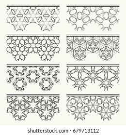 Set of black lace seamless borders, line patterns. Tribal ethnic arabic, indian, turkish decorative ornaments, fashion collection. Isolated elements for headline, banners, wedding invitation cards