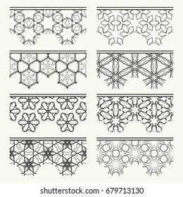 Set of black lace seamless borders, line patterns. Tribal ethnic arabic, indian, turkish decorative ornaments, fashion collection. Isolated elements for headline, banners, wedding invitation cards