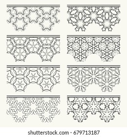 Set of black lace seamless borders, line patterns. Tribal ethnic arabic, indian, turkish decorative ornaments, fashion collection. Isolated elements for headline, banners, wedding invitation cards