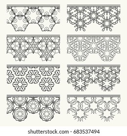Set of black lace seamless borders, line patterns. Tribal ethnic arabic, indian, turkish decorative ornaments, fashion collection. Isolated elements for headline, banners, wedding invitation cards