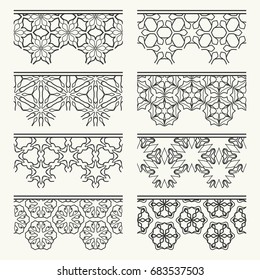 Set of black lace seamless borders, line patterns. Tribal ethnic arabic, indian, turkish decorative ornaments, fashion collection. Isolated elements for headline, banners, wedding invitation cards