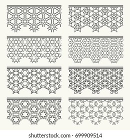 Set of black lace seamless borders, line patterns. Tribal ethnic arabic, indian, turkish decorative ornaments, fashion collection. Isolated elements for headline, banners, wedding invitation cards