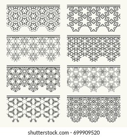 Set of black lace seamless borders, line patterns. Tribal ethnic arabic, indian, turkish decorative ornaments, fashion collection. Isolated elements for headline, banners, wedding invitation cards