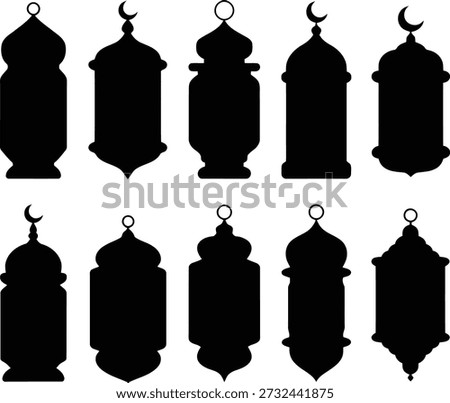 Set of black lantern silhouettes with crescent moon tops on white background, ideal for Ramadan or Eid decoration and design