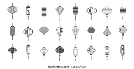 Set of black lanterns. Chinese and Japanese style. Design elements for Lantern festival and Chinese new year or other festival holidays. Vector illustration.