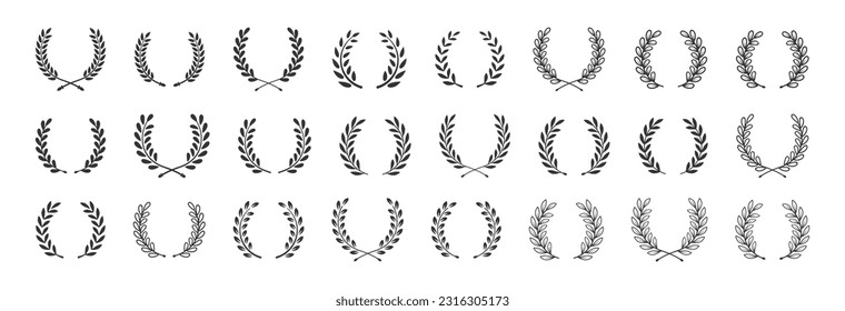 Set black laurel wreath round frame icon vector silhouette fit for awards, winner, trophy, branches, foliate or leaves circle badge, and etc.