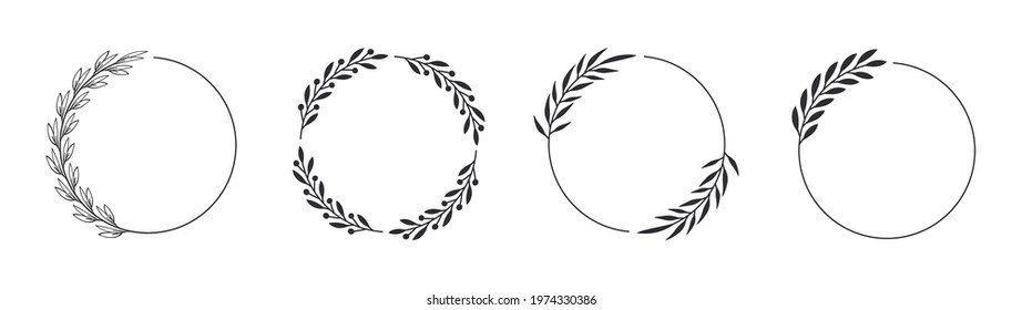 Set of black laurel wreaths. Laurel branches frames collection. Floral round frames of leaves. Vintage decorative elements for awards, medals, achievement, emblem, premium quality, ornate and logo.
