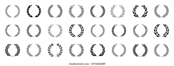 Set of black laurel wreaths. Laurel branches frames collection. Floral round frames of leaves. Vintage decorative elements for awards, medals, achievement, emblem, premium quality, ornate and logo.