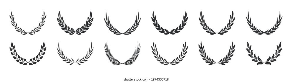 Set of black laurel wreaths. Laurel branches frames collection. Floral round frames of leaves. Vintage decorative elements for awards, medals, achievement, emblem, premium quality, ornate and logo.