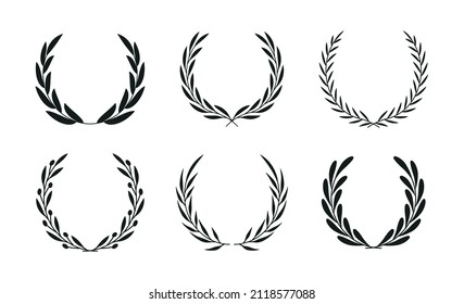 Set of black laurel wreaths. Laurel branches frames collection. Floral circular frames of leaves. Vintage decorative elements for awards, medals, achievement, emblem, premium quality, ornate and logo.