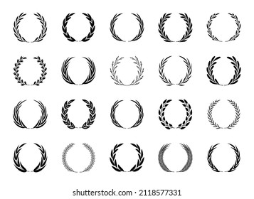 Set of black laurel wreaths. Laurel branches frames collection. Floral circular frames of leaves. Vintage decorative elements for awards, medals, achievement, emblem, premium quality, ornate and logo.