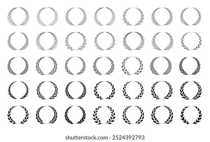 Set of black laurel wreaths on transparent background. Floral round frames of leaves. Laurel wreath retro vintage collection. Award, success, champion sign. Decorative vintage line elements collection