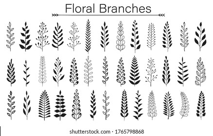 Set of black laurels branches. Flower ornament dividers collection. Vintage laurel wreaths. Hand drawn vector laurel leaves decorative elements. Leaves, swirls, award, icon. Vector illustration.