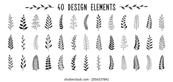 Set of black laurels branches. Flower ornament dividers collection. Vintage laurel wreaths. Hand drawn vector laurel leaves decorative elements. Leaves, swirls, award, icon. Vector illustration.