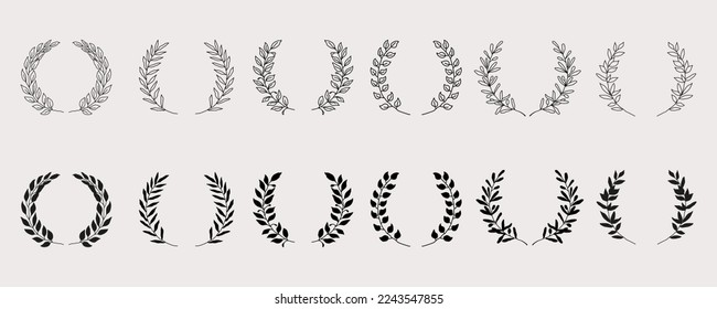Set of black laurels branches. Flower ornament dividers collection. Hand drawn vector laurel leaves decorative elements. Vector illustration.
