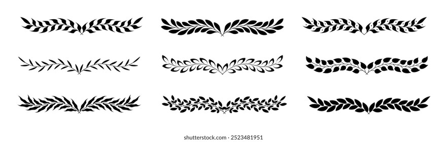 Set of black laurels branches. Flower ornament dividers collection. Vintage laurel wreaths. Hand drawn vector laurel leaves decorative elements. Leaves, swirls, award, icon. Vector illustration