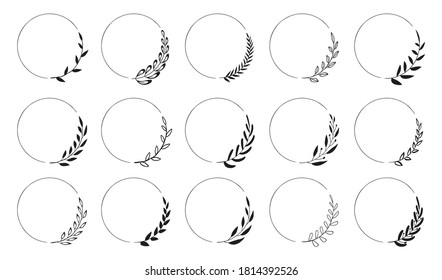 Set of black laurels frames branches. Vintage laurel wreaths collection. Hand drawn vector laurel leaves decorative elements. Leaves, swirls, ornate, award, icon. Vector illustration.