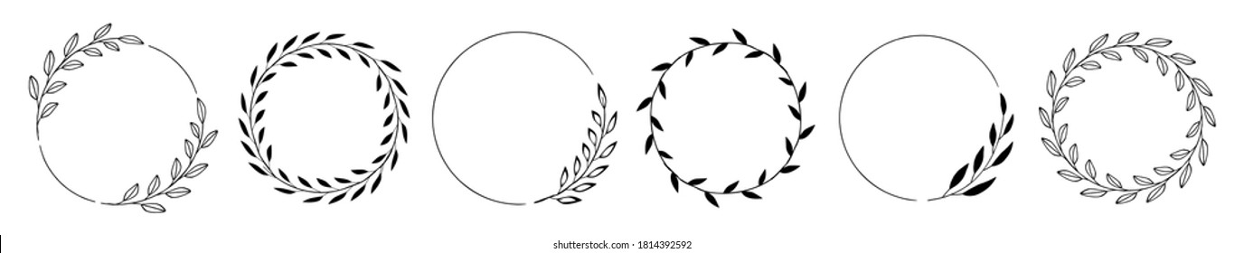 Set of black laurels frames branches. Vintage laurel wreaths collection. Hand drawn vector laurel leaves decorative elements. Leaves, swirls, ornate, award, icon. Vector illustration.