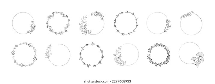 Set of black laurels frames branches. Vintage laurel wreaths collection. Hand drawn vector laurel leaves decorative elements. Leaves, swirls, ornate, award, icon. Vector illustration 10 eps.