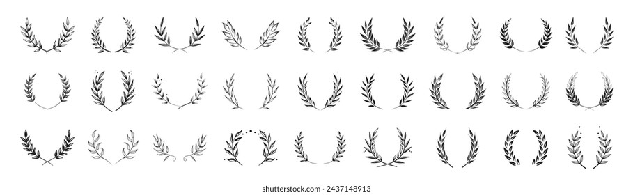 Set of black laurels frames branches. Hand drawn vector laurel leaves decorative elements