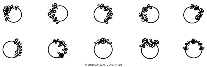 Set of black laurels frames branches with circle borders. Hand drawn collection laurel leaves decorative elements. award, Leaves, invitation decoration, swirls, ornate. Vector icon illustration. EPS 