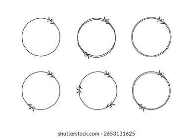Conjunto de louros pretos moldam ramificações com bordas de círculo. Coleção desenhada à mão laurel deixa elementos decorativos. prêmio, Folhas, decoração de convite, redemoinhos, ilustração ícone de coroa floral.