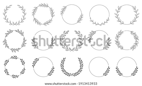 Set of black laurels frames branches.\
Vintage laurel wreaths collection. Hand drawn vector laurel leaves\
decorative elements. Leaves, swirls, ornate, award, icon. Vector\
illustration.