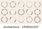 Set of black laurels wreath frames branches with circle borders. Hand drawn collection laurel leaves decorative elements. award, Leaves, invitation decoration, swirls, ornate. Vector icon illustratio