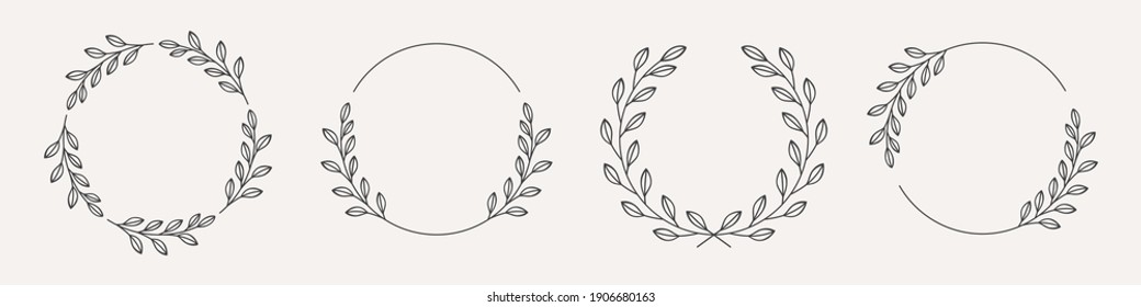 Set of black laurels wreath frames branches with circle borders. Hand drawn collection laurel leaves decorative elements. award, Leaves, invitation decoration, swirls, ornate. Vector icon illustratio