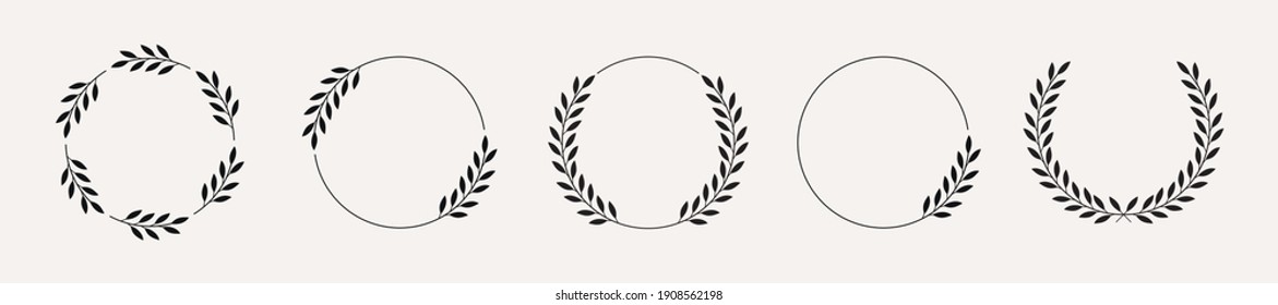 Set of black laurels wreath frames branches with circle borders. Hand drawn collection laurel leaves decorative elements. award, Leaves, invitation decoration, swirls, ornate. Vector icon illustratio