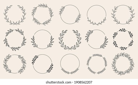 Set of black laurels wreath frames branches with circle borders. Hand drawn collection laurel leaves decorative elements. award, Leaves, invitation decoration, swirls, ornate. Vector icon illustratio