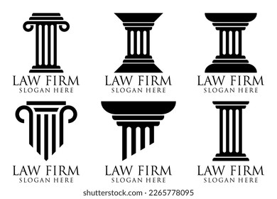 Set of black law office, firm or company, lawyer, attorney services labels, logos, signs and symbols isolated on white background